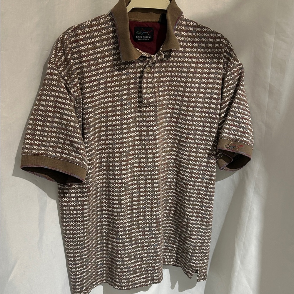 Greg Norman Collection Patterned Polo in Brown and White with flecks of purple.